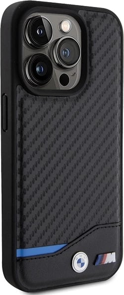 Mbështjellës BMW Leather Carbon MagSafe për iPhone 15 Pro, i zi
