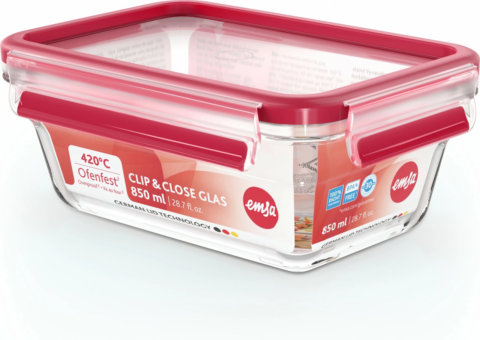 Enë qelqi Emsa Clip & Close Glas 0.85L, kapak i kuq