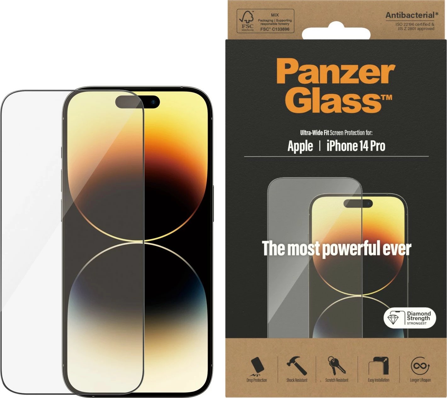 Mbrojtës ekrani PanzerGlass për iPhone 14 Pro, Ultra-Wide Fit, transparent
