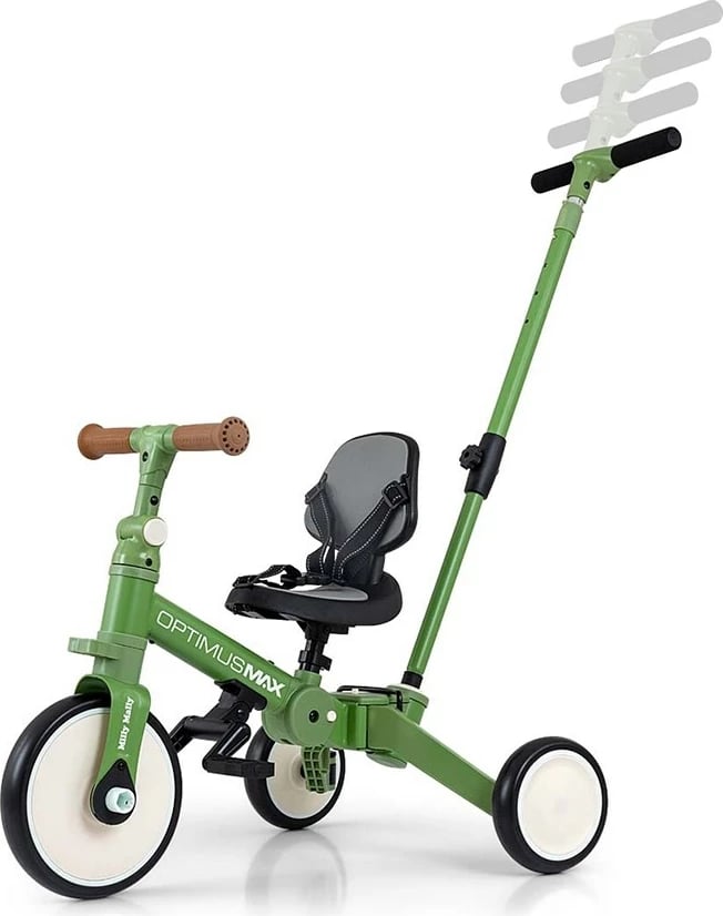Tricikël & biçikletë balancuese 5‑në‑1 me dorezë prindi, Milly Mally Optimus Max, rrota shkumë, kornizë çeliku, 12M+, e gjelbër