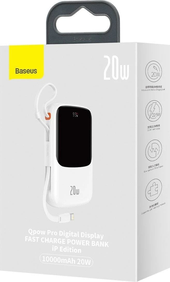 Power bank Baseus Qpow, 10000mAh, 20W, me kabllo Lightning të integruar, Bardhë