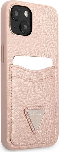 Mbështjellës Guess GUHCP13MPSATPP për iPhone 13, hardcase, Saffiano Triangle, me hapësirë për kartela, rozë