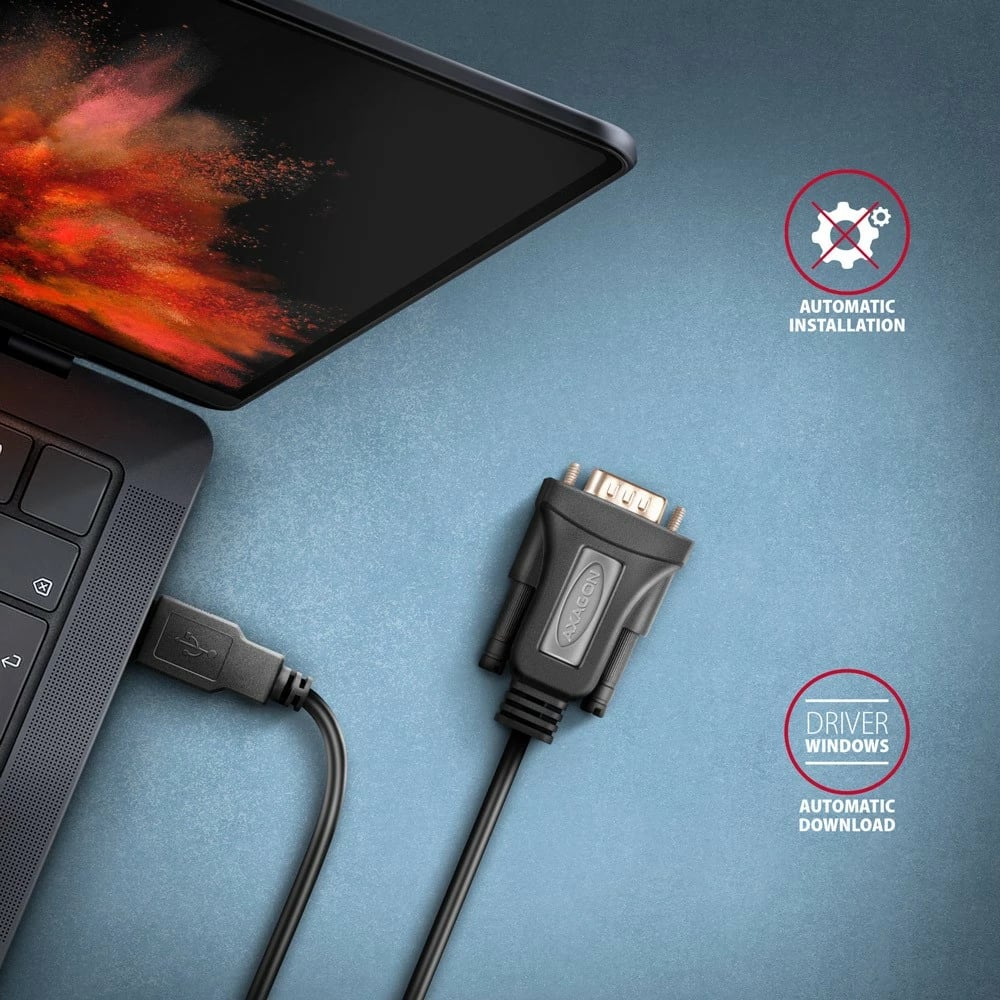 Adapter AXAGON ADS-1PQN USB 2.0 në RS-232, 1.5m, FTDI, i zi