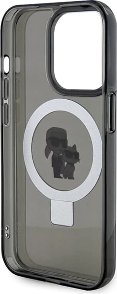 Mbështjellës Karl Lagerfeld KLHMP15LHMRSKCK për iPhone 15 Pro 6.1", me unazë Ring Stand Karl&Choupette, MagSafe, zi