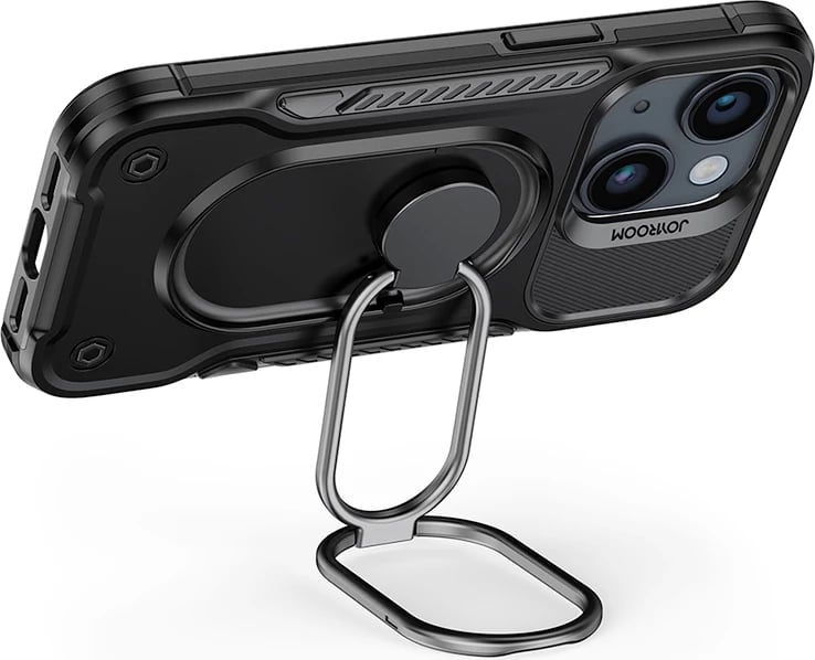 Mbështjellës Joyroom Dual Hinge për iPhone 14 Plus, me këmbalec dhe ring holder, Zi