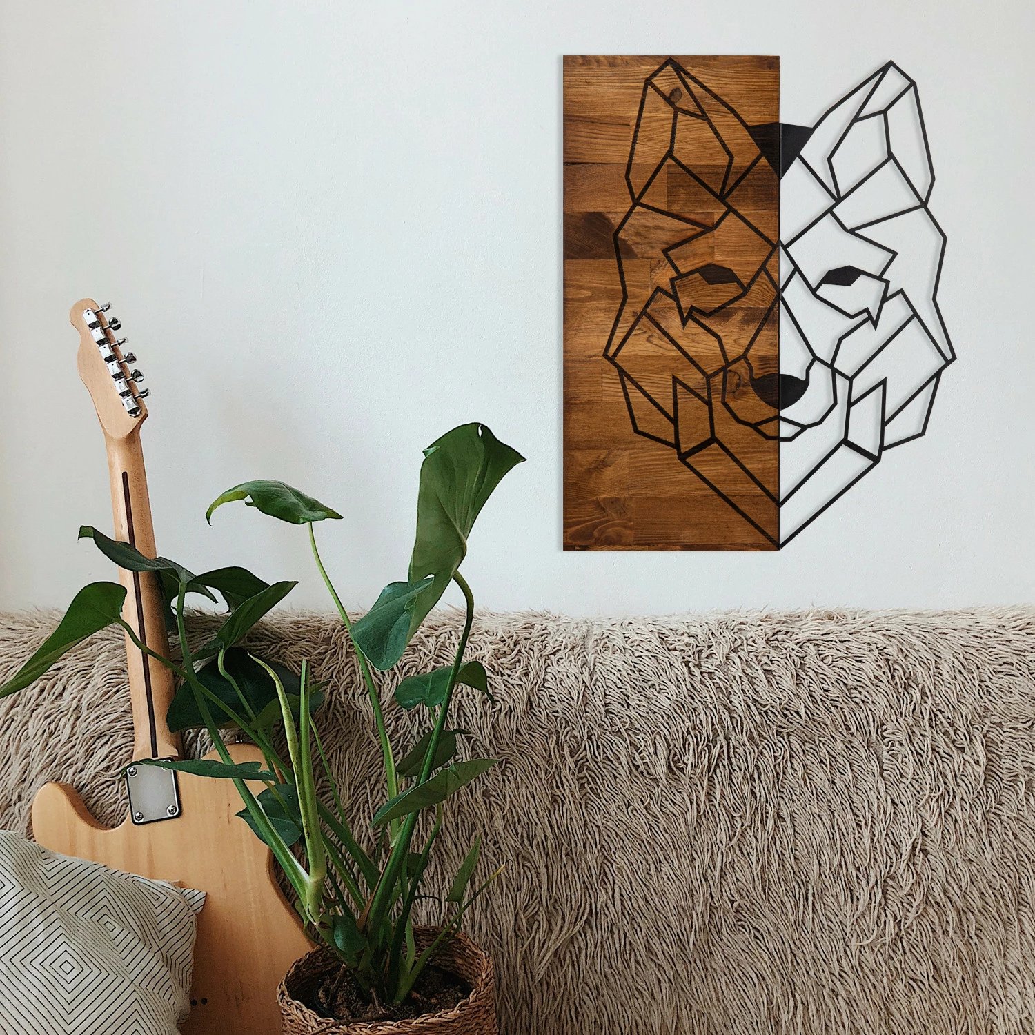 Aksesor dekorativ për mur, dru dhe metal, dizajn ujku, Wallity, ngjyrë e zezë dhe arre, 45.5x58cm