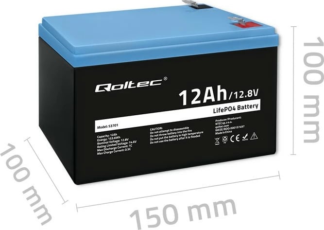 Bateri LiFePO4 Qoltec 53701, 12.8V, 12Ah, 153.6Wh, me BMS