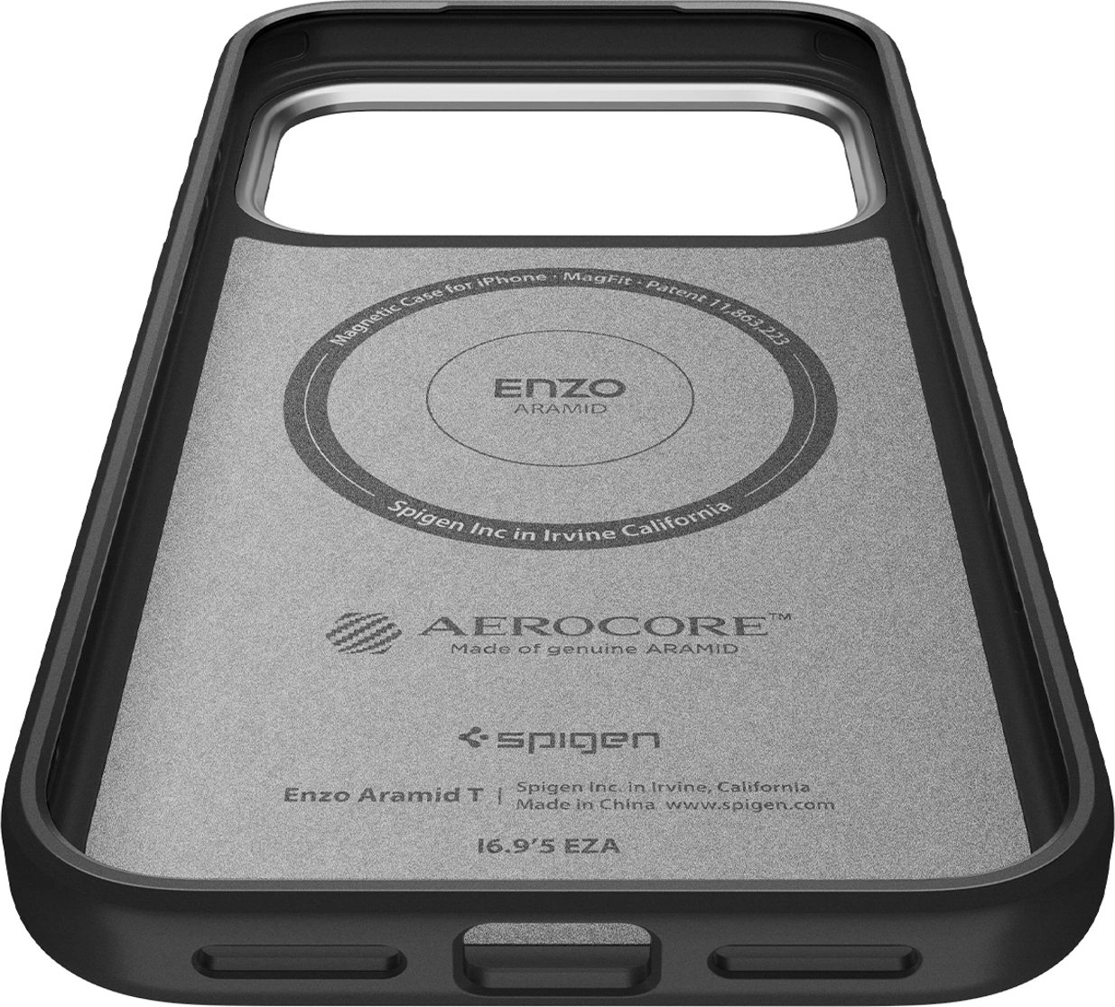 Mbështjellës Spigen Enzo Aramid "T" MagSafe për iPhone 17 Pro, e zezë dhe argjendtë