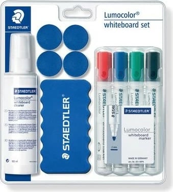 Set aksesorësh whiteboard Staedtler Lumocolor 613 S, 4 markerë, fshirëse magnetike, sprej pastrimi, 4 magnetë, kaltër/bardhë