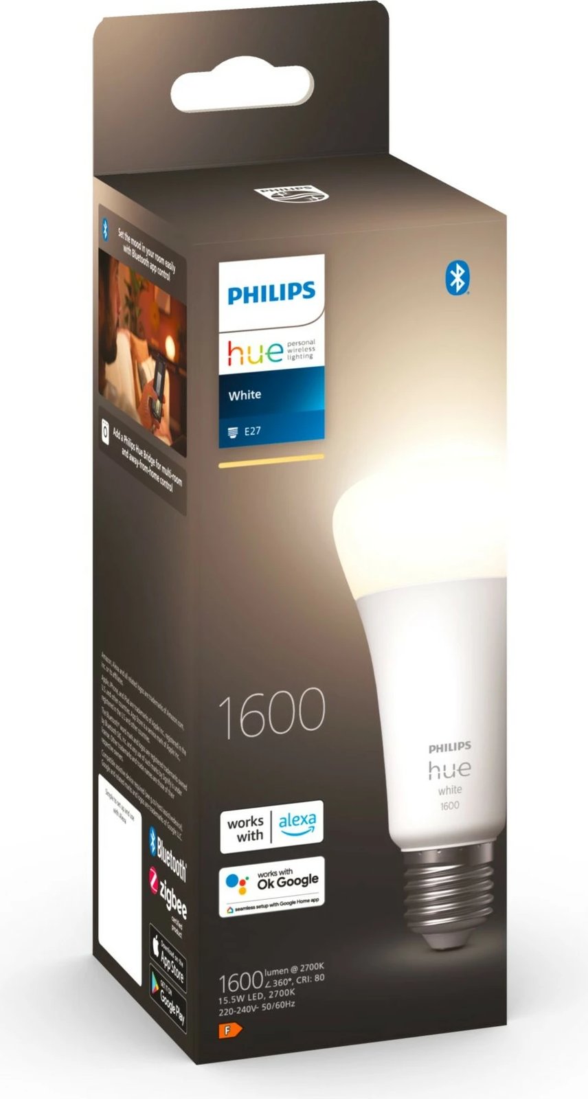 Llambë smart Philips Hue White A67, E27, 1600 lm, Bluetooth/Zigbee, e bardhë
