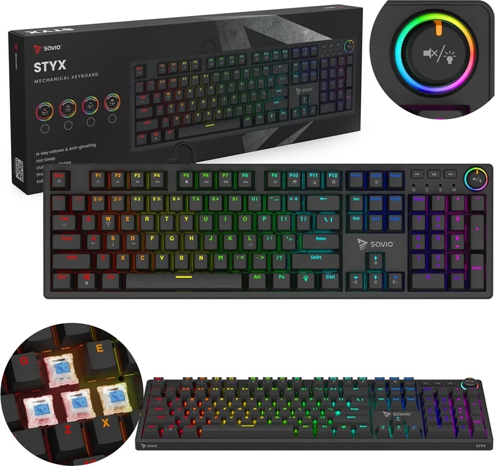 Tastierë mekanike gaming SAVIO STYX BLUE, RGB, Outemu Blue, Full-size, e zezë