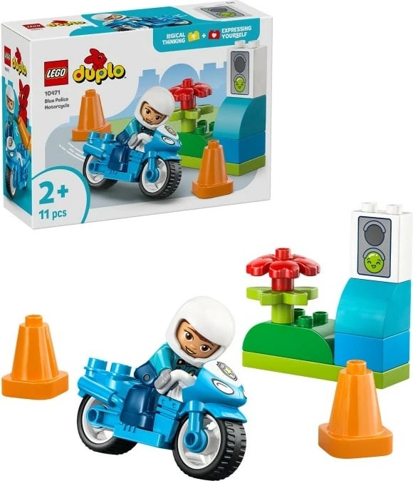 Set blloqe, LEGO DUPLO 10471 Blue Police Motorcycle, motoçikletë policie, 11 pjesë, 2+ vjeç, blu, set i vogël