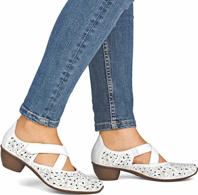 Këpucë me take Rieker për femra, të bardha