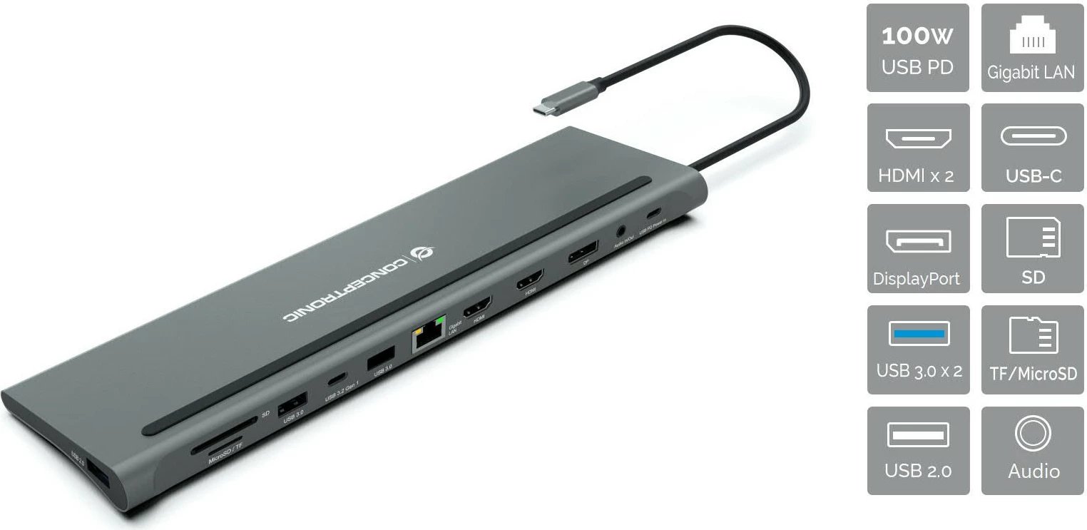 Dok Conceptronic 12-1 USB-C, 2xHDMI, 3xUSB-A, DisplayPort, 18cm, gri