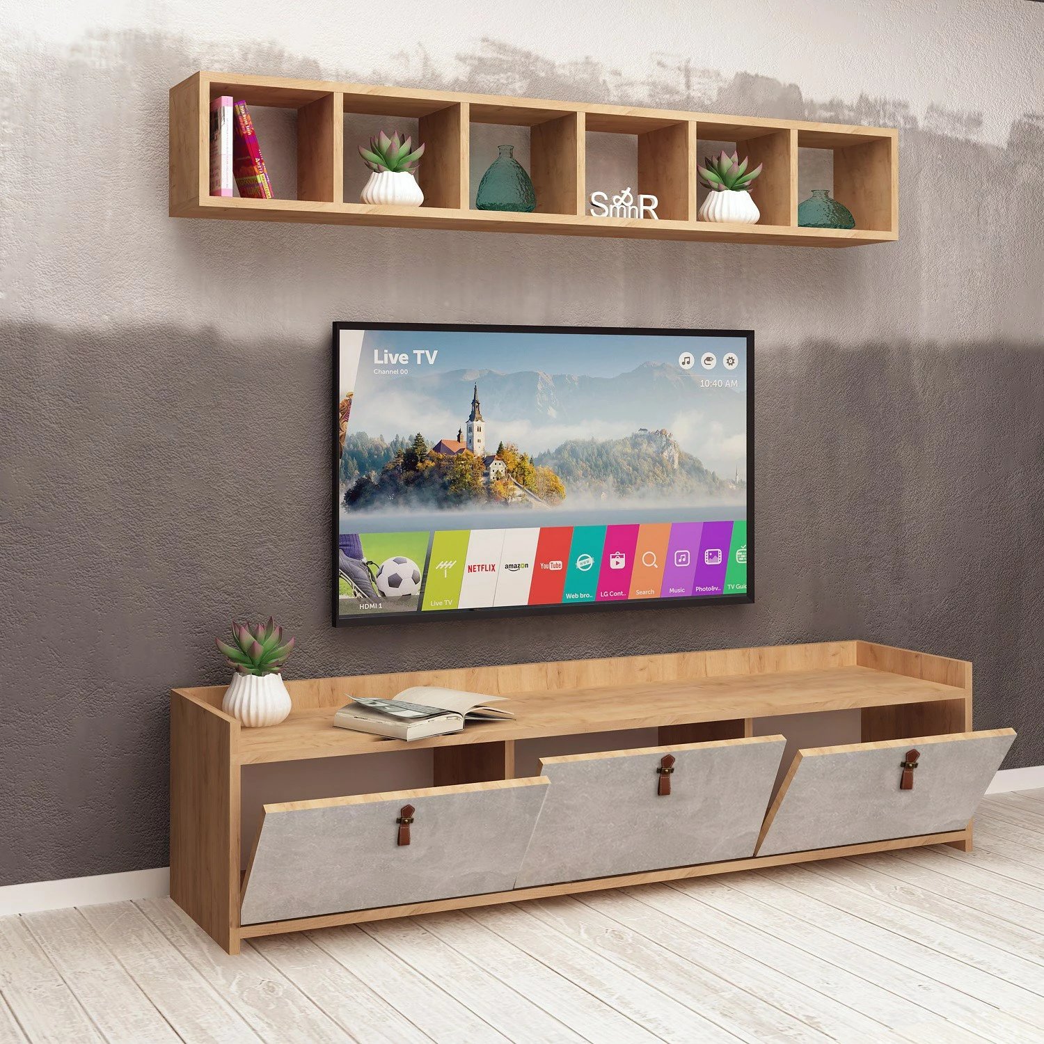 Komodë TV Hanah Home, Sleppa, ngjyrë lis dhe e bardhë