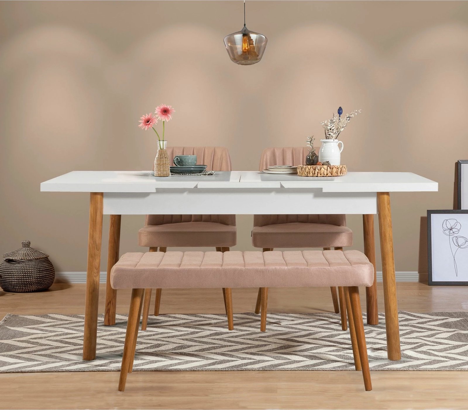 Tavolinë ngrënie me zgjatje, Santiago Masa, ngjyrë pishë Atlantike dhe e bardhë