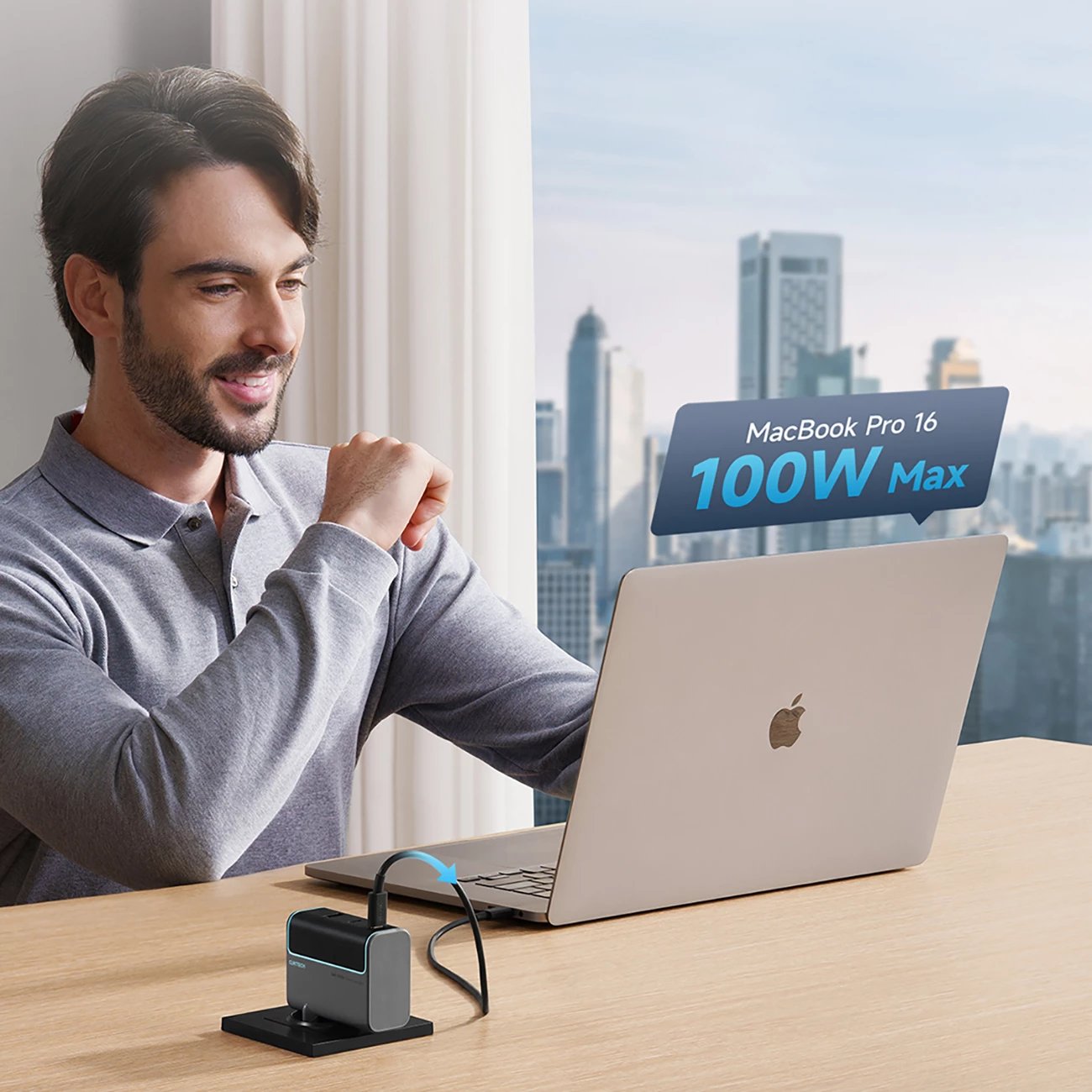 Karikues muri Cuktech CUKAD1003EUG GaN, 100W, 2x USB-C, 1x USB-A, me kabllo USB-C, Gri