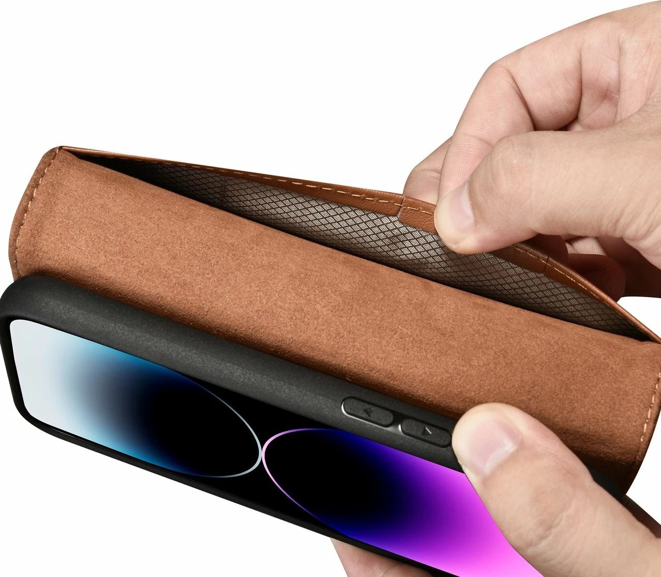 Mbështjellës iCarer Wallet Case 2in1 për iPhone 14 Pro, lëkurë natyrale, Anti-RFID, Kafe