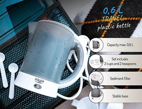 Çajnik elektrik, Adler, AD 1268, 0.6 L, plastikë, 900W, udhëtim, i bardhë-gri, set me 2 gota e 2 lugëza