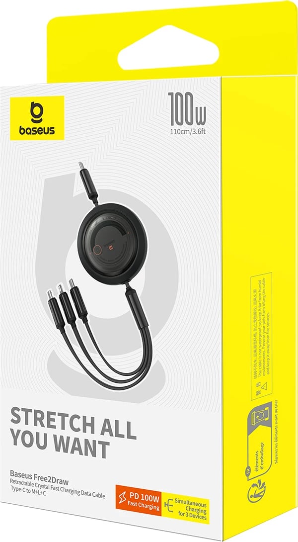 Kabllo tërheqëse Baseus Free2Draw CB000084, 1.1m, USB-C/Lightning/micro USB, 100W, e zezë Kabllo tërheqëse Baseus Free2Draw CB000084, 1.1m, USB-C/Lightning/micro USB, 100W, e zezë