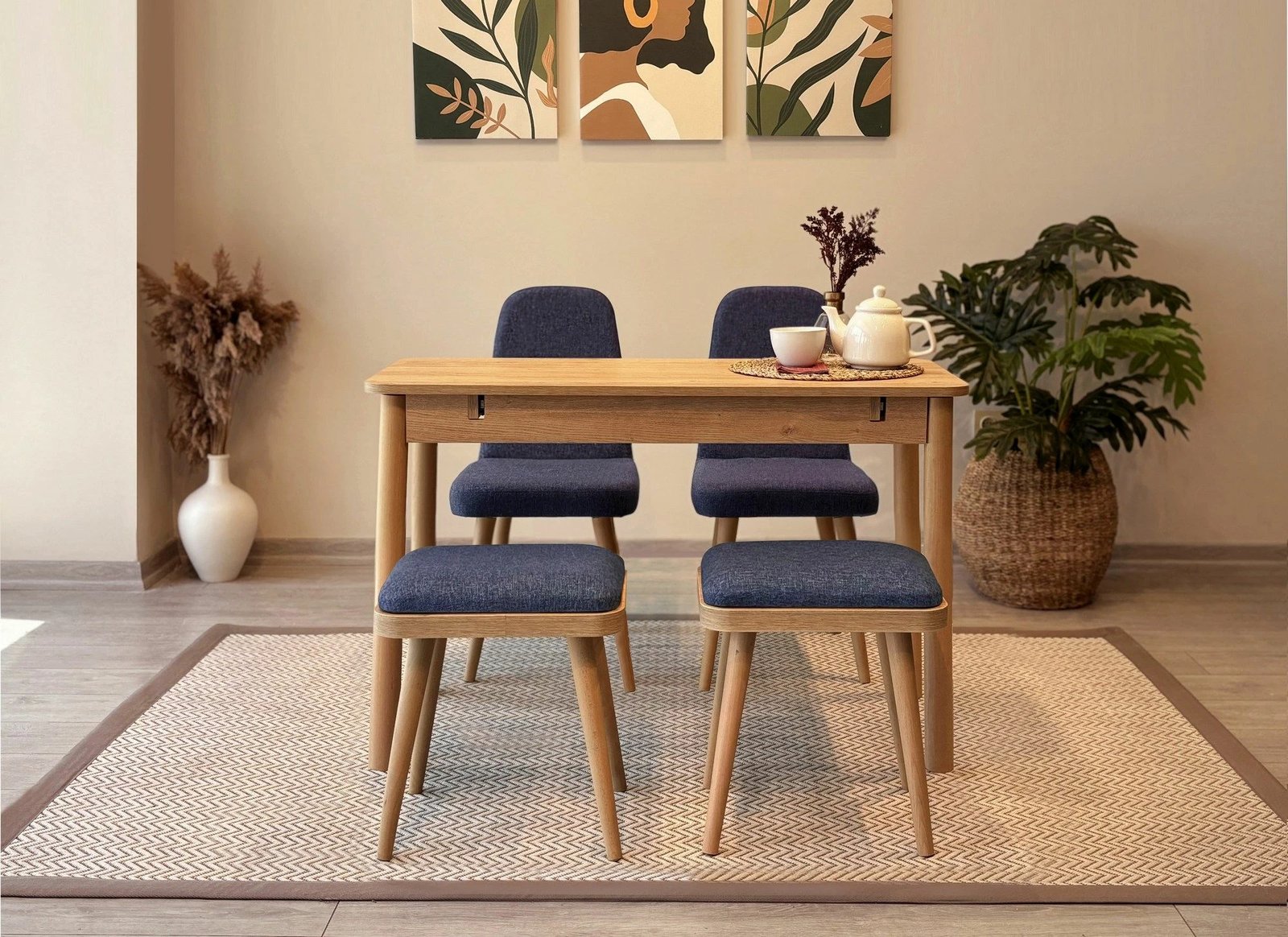 Tavolinë me karrige, zgjatshme, 5 pjesë, ngjyrë lisi dhe kaltër e errët, Vina Mini 02 1048