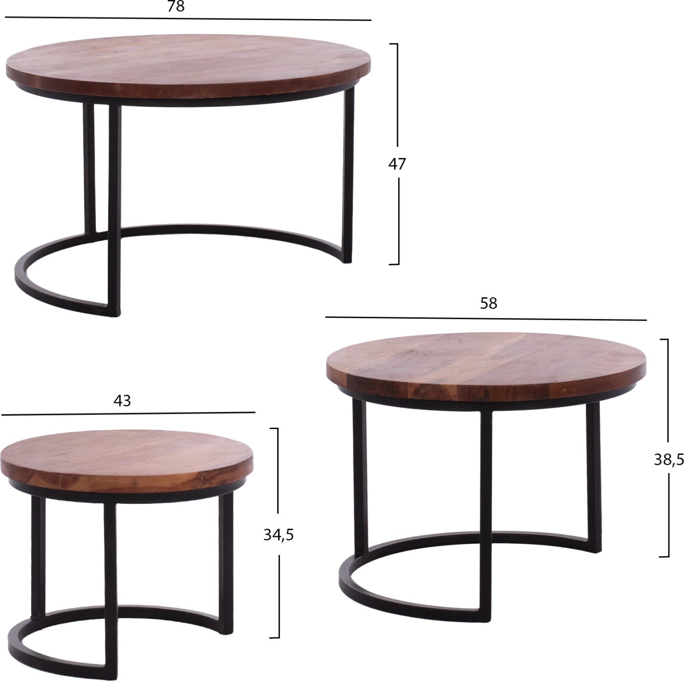 Set 3 tavolina zigon, dru akacie, këmbë metalike të zeza, 78x78x47cm Set 3 tavolina zigon, dru akacie, këmbë metalike të zeza, 78x78x47cm