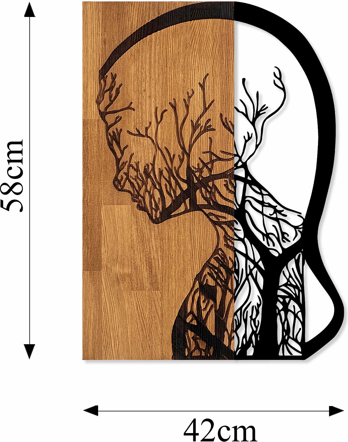 Aksesor dekorativ muri, dru dhe metal, dizajn grua-pemë, ngjyrë arre, 43x58cm