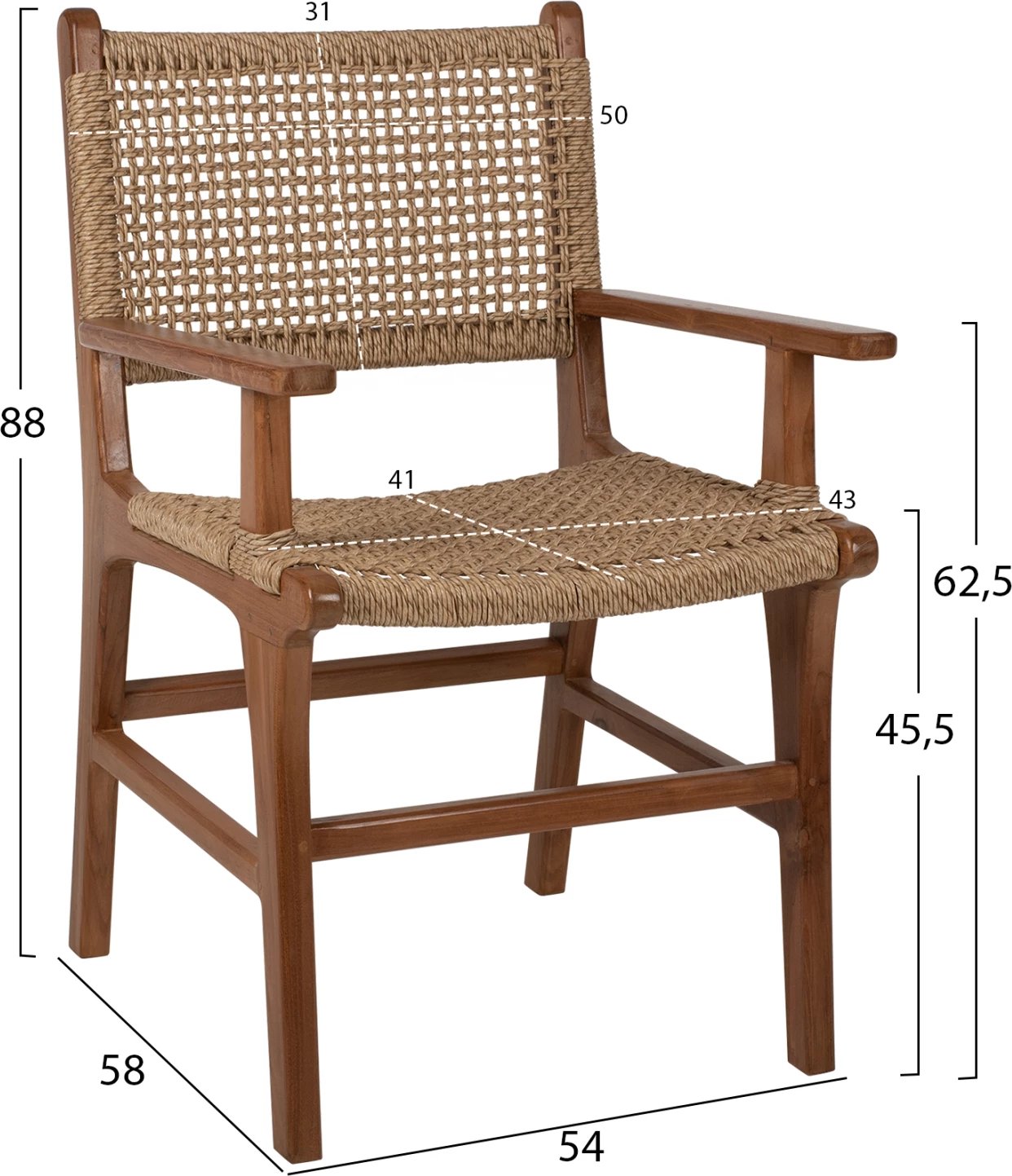 Karrige me krahë, dru teak, ngjyrë natyrale, litar rattan, 54x58x88H cm, FH9385.01