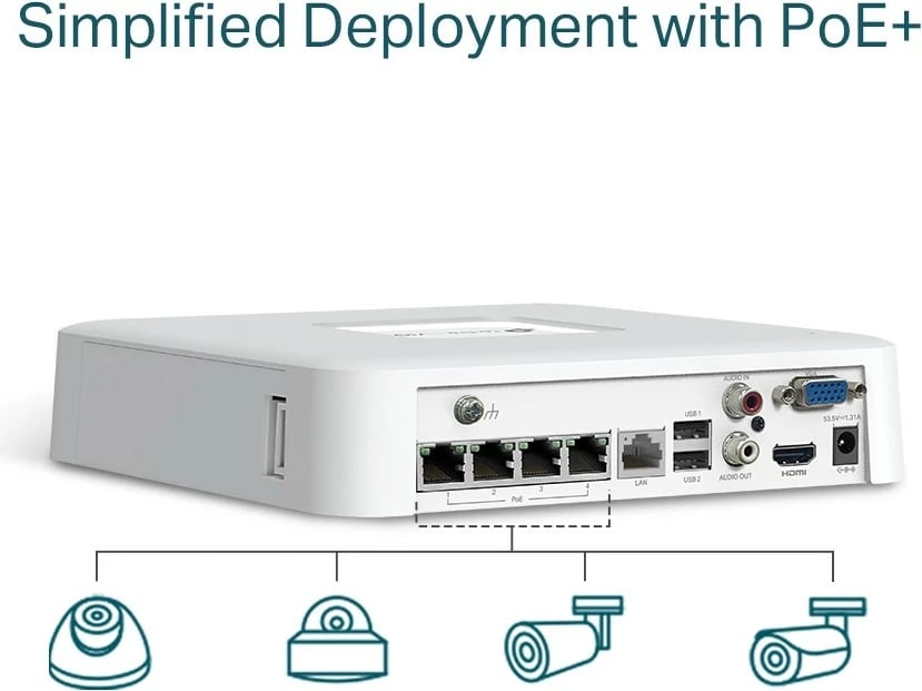 Rekorder video rrjeti (NVR), TP-Link VIGI NVR1104H-4P, 4 kanale PoE+, 4K HDMI, HDD SATA deri 10 TB, e bardhë, me maus