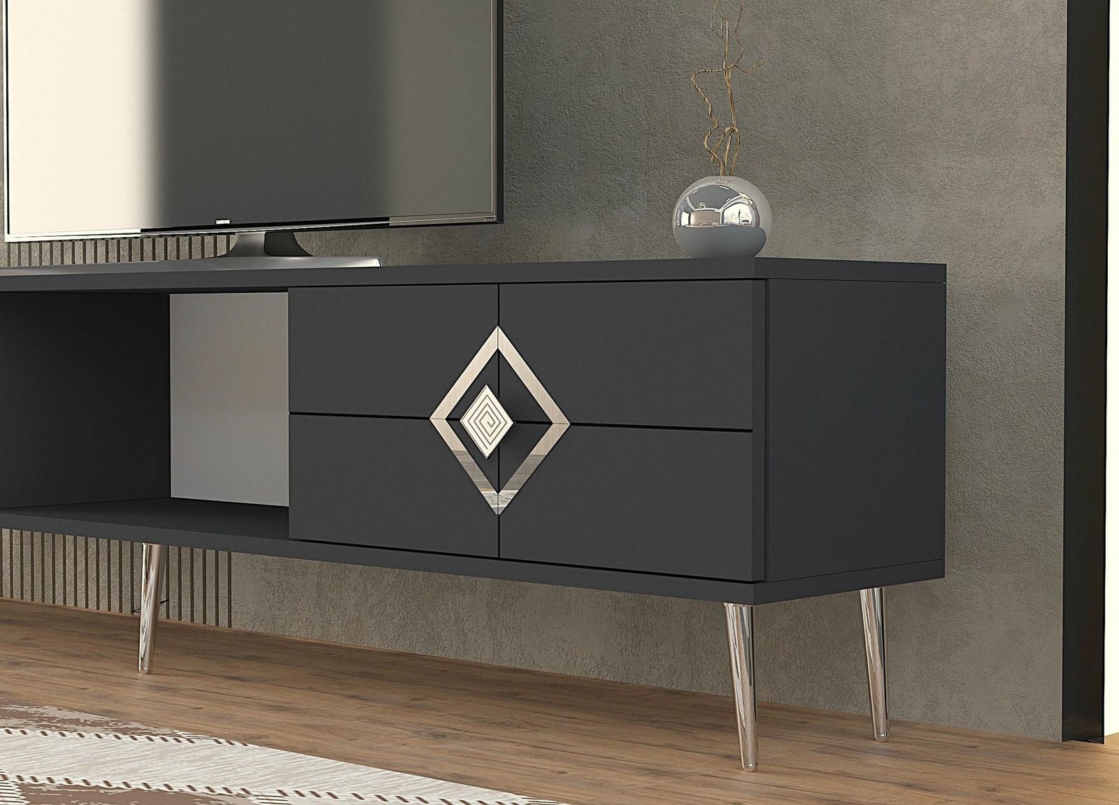 Komodë TV Skye Decor, ngjyrë antracit, argjendtë