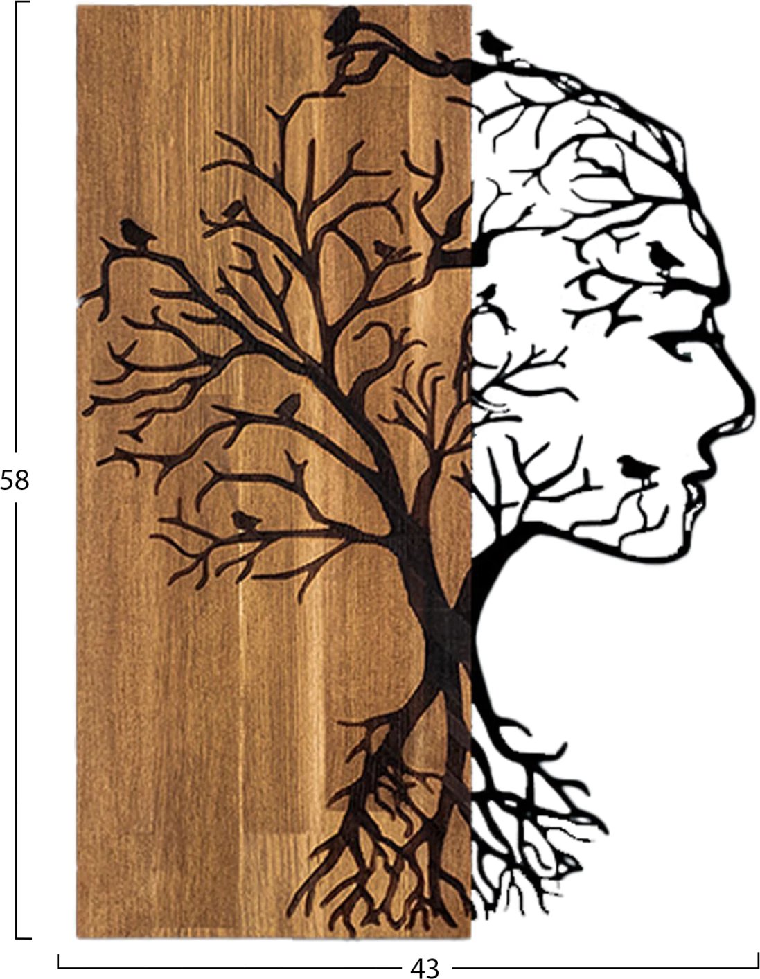 Dekor muri figurë gruaje, metal i zi, dru, FH4754, 43x3x58cm