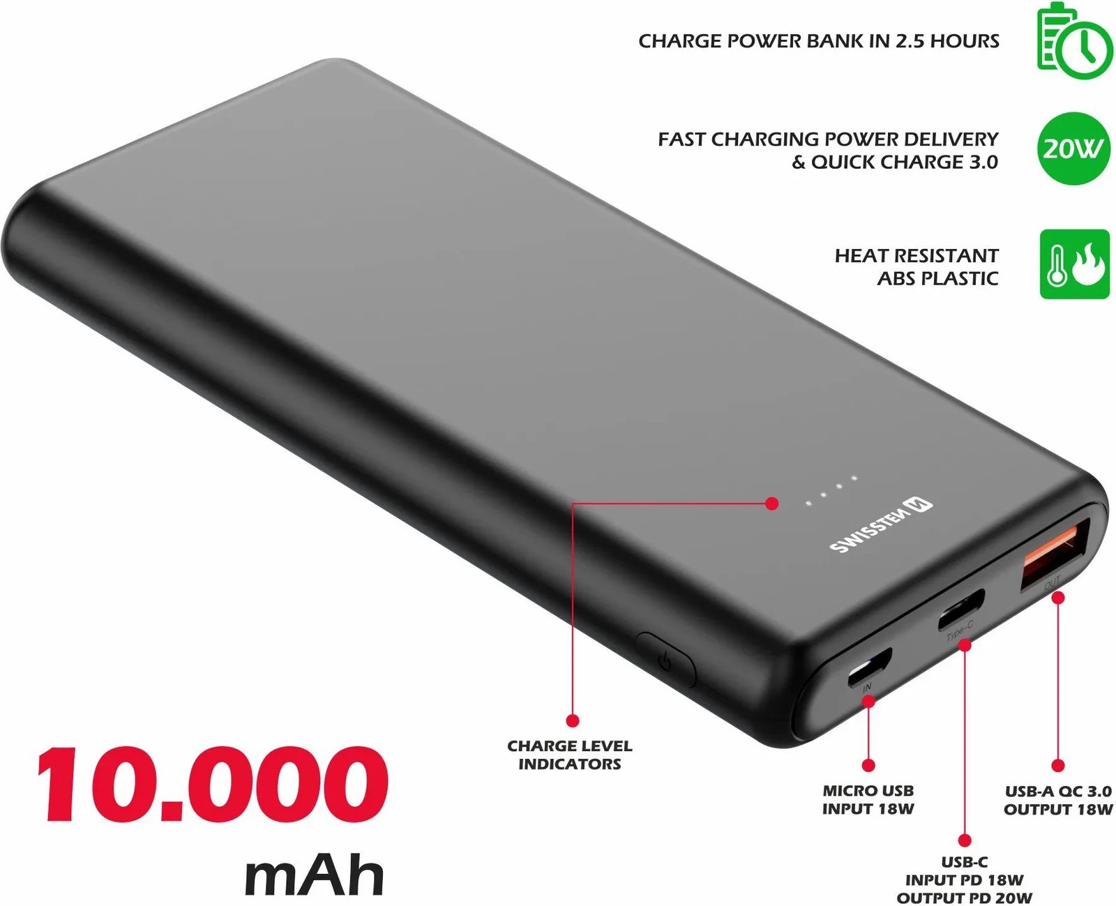 Power Bank Swissten 10000mAh, 20W, PD, e zezë