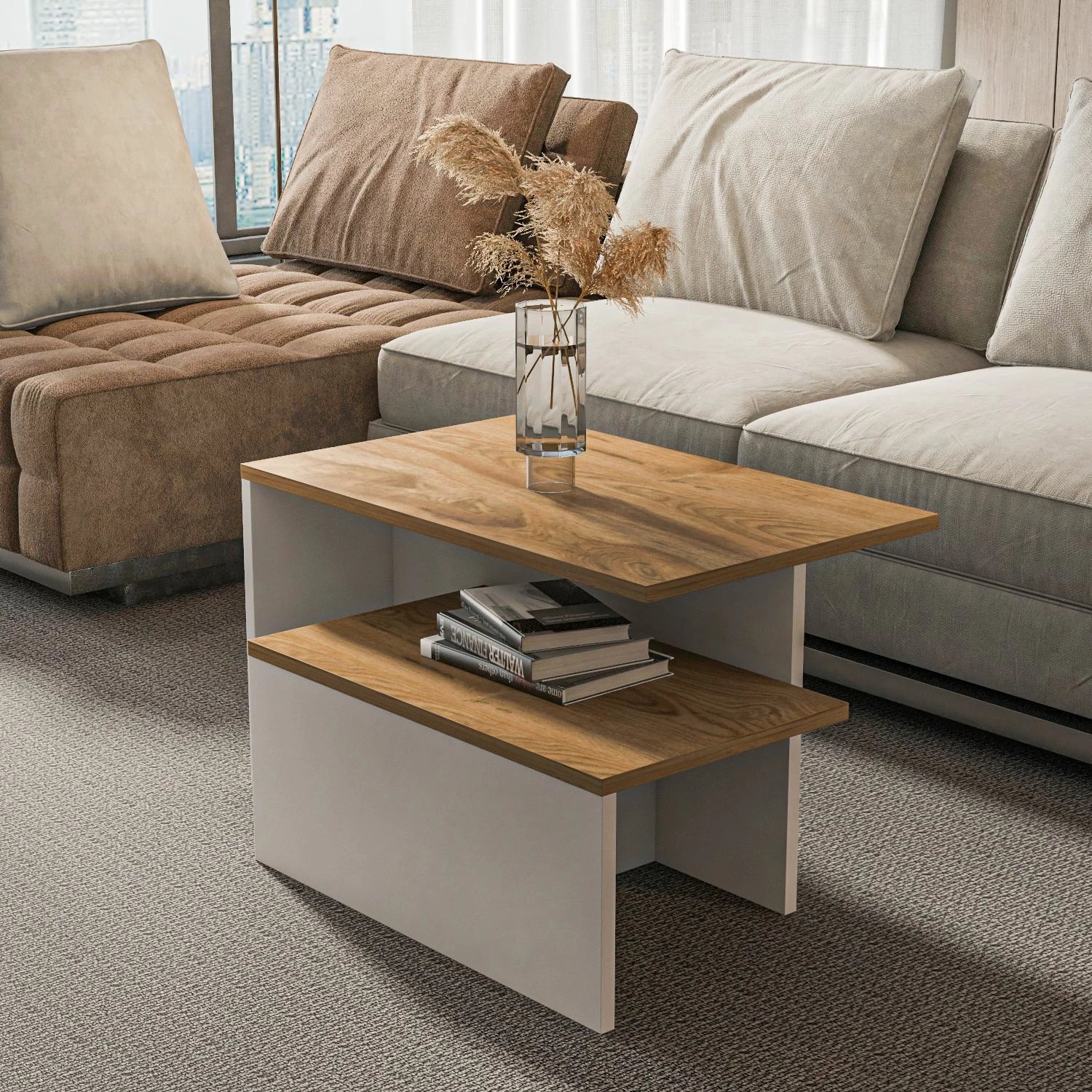 Set tavolinash të mbivendosura Skye Decor, dy copë, ngjyrë lis dhe e bardhë