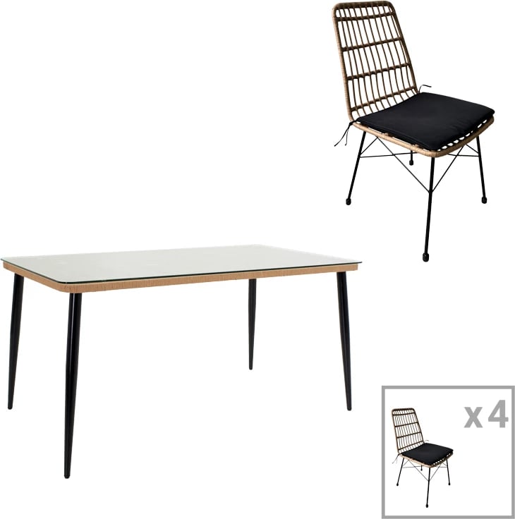 Tavolinë me karrige Naoki U, set prej 5 copë,, ratan pe, ngjyrë natyrale dhe metal i zi, 160x90x78cm