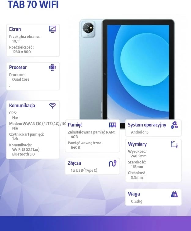 Tablet Blackview TAB 70 WiFi, 10.1 inç, 4GB/64GB, Android 13, Blu