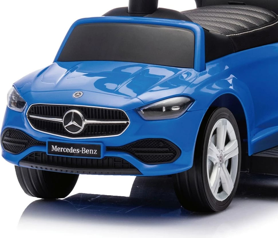 makinë ride-on me dorezë udhëzuese, Milly Mally Mercedes C-Class Deluxe, sedilje eko-lëkurë, goma gome, tinguj timoni, ngarkesë 25 kg, 12–36 muaj, blu