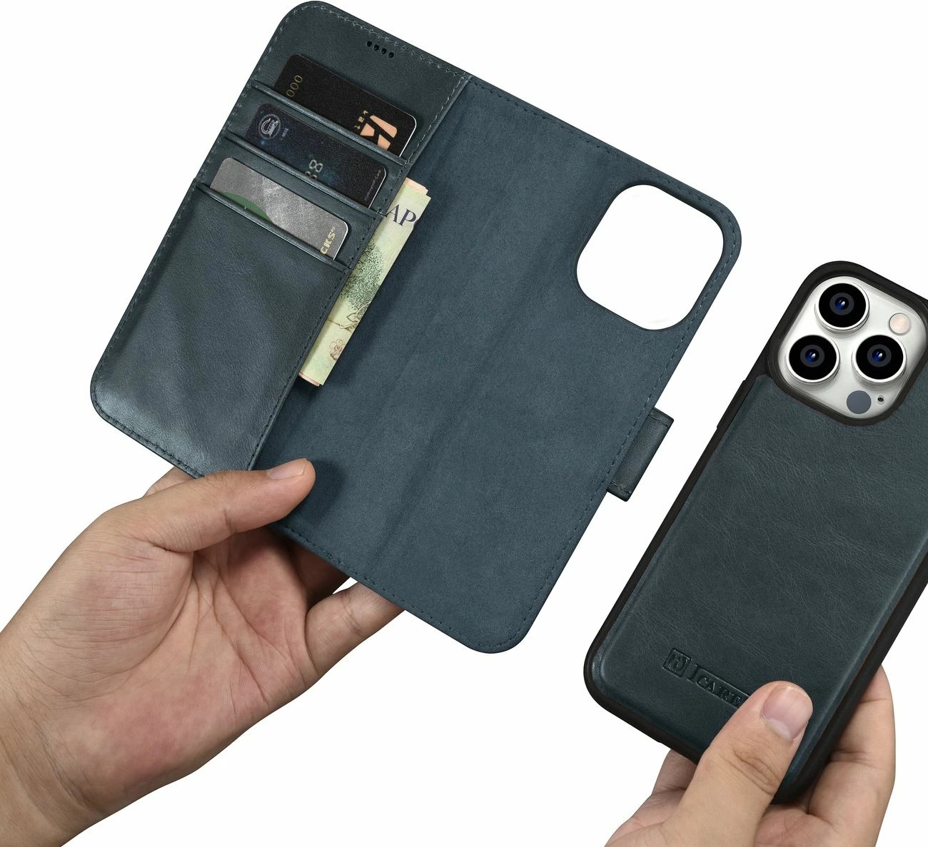 Mbështjellës iCarer Oil Wax Wallet 2in1 për iPhone 14 Pro Max, lëkurë, Anti-RFID, blu