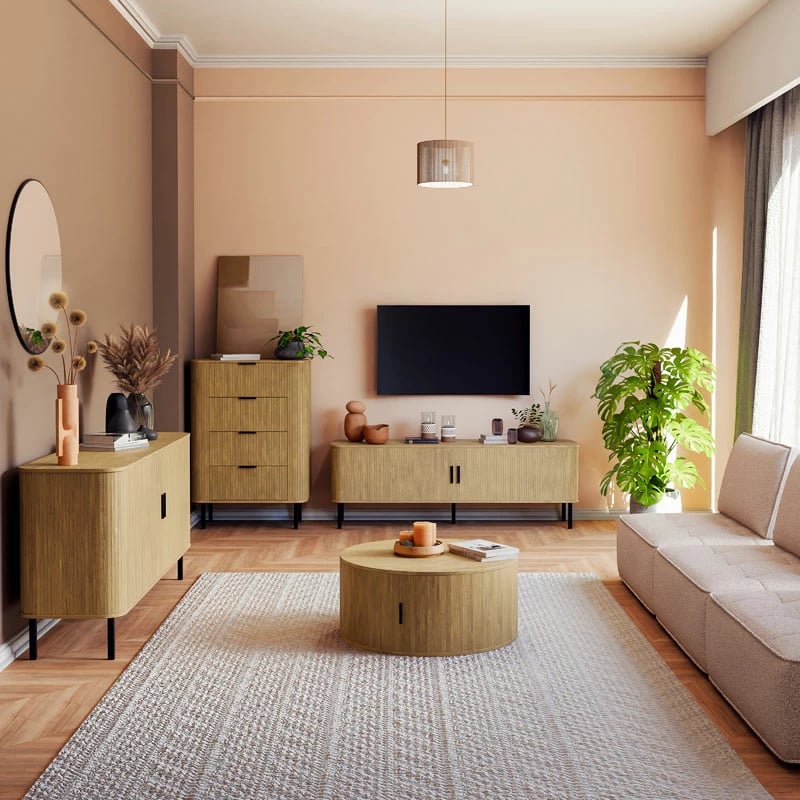 Bufe Scandi MDF ngjyrë natyrale me këmbë metali të zeza 170x45x80cm