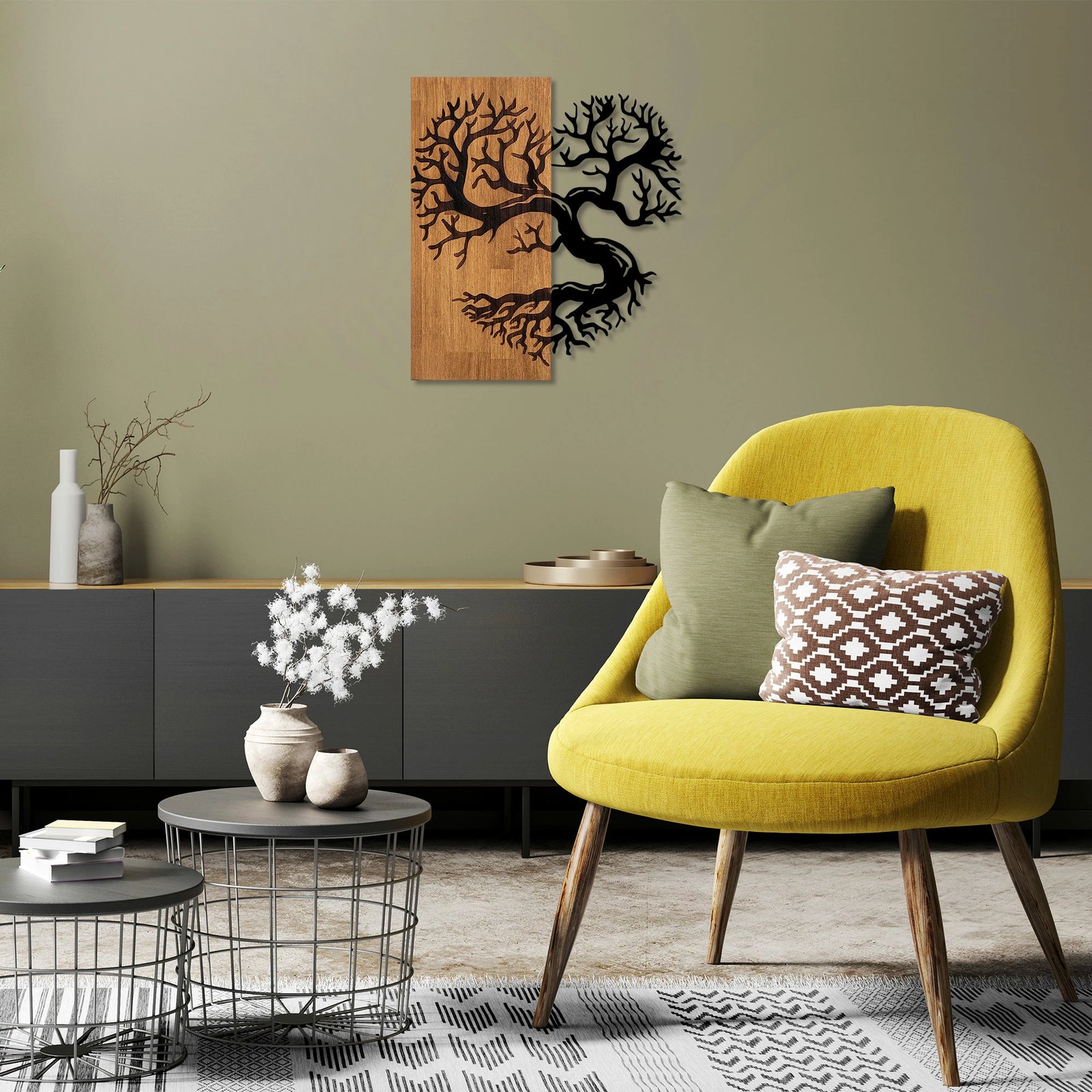 Aksesor dekorativ për mur, dru dhe metal, ngjyrë arre dhe e zezë, Monumental Tree 4, 58x58cm