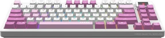 Tastierë mekanike, MSI, FORGE GK600 TKL W VIOLET US, TKL pa numpad, 2.4 GHz/Bluetooth/USB, hot-swap linear, RGB, ekran 1.06", bateri 4000 mAh, rozë/bardhë