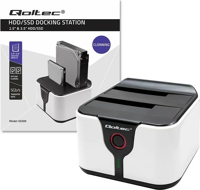 Stacion dokimi Qoltec 50309 për HDD/SSD 2.5"/3.5", USB 3.0, funksion klonimi, zi/bardhë