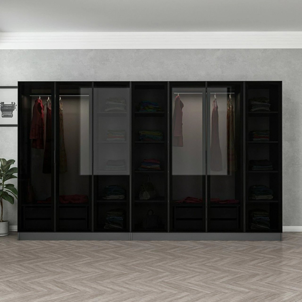 Dollap garderobe Skye Decor, anthracite e zi, 315x190x52cm, 10 pjesë
