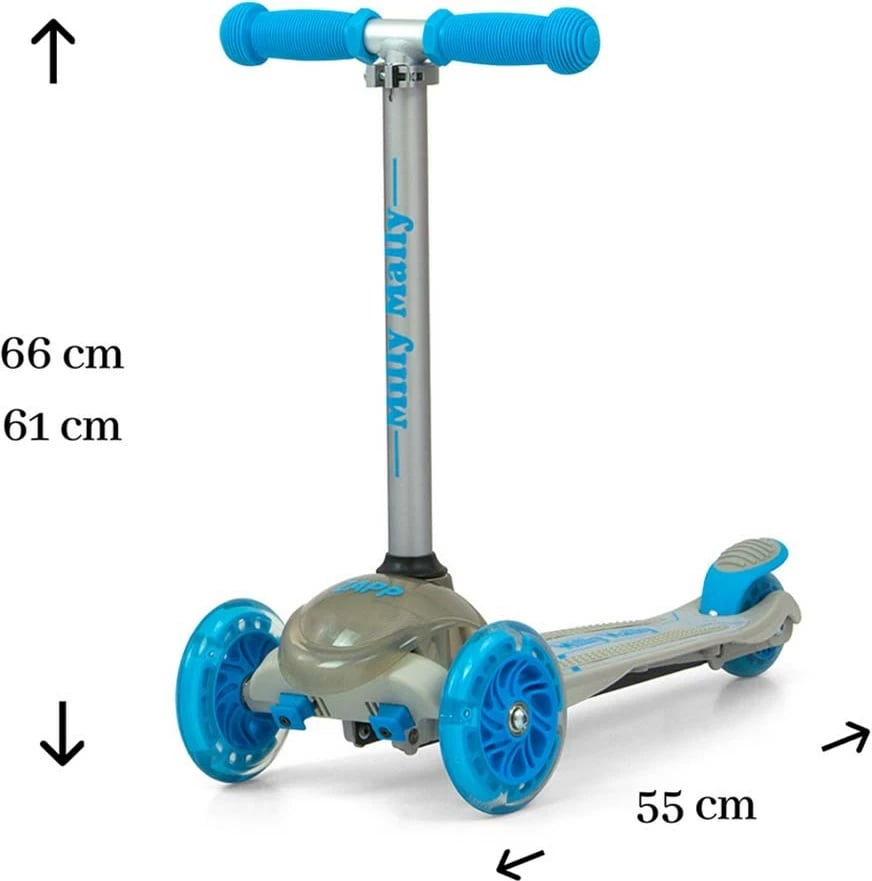 Trotinet, Milly Mally, Zapp, 3 rrota, drita LED në rrotat e përparme, timon i rregullueshëm 61/66 cm, deri 50 kg, gri