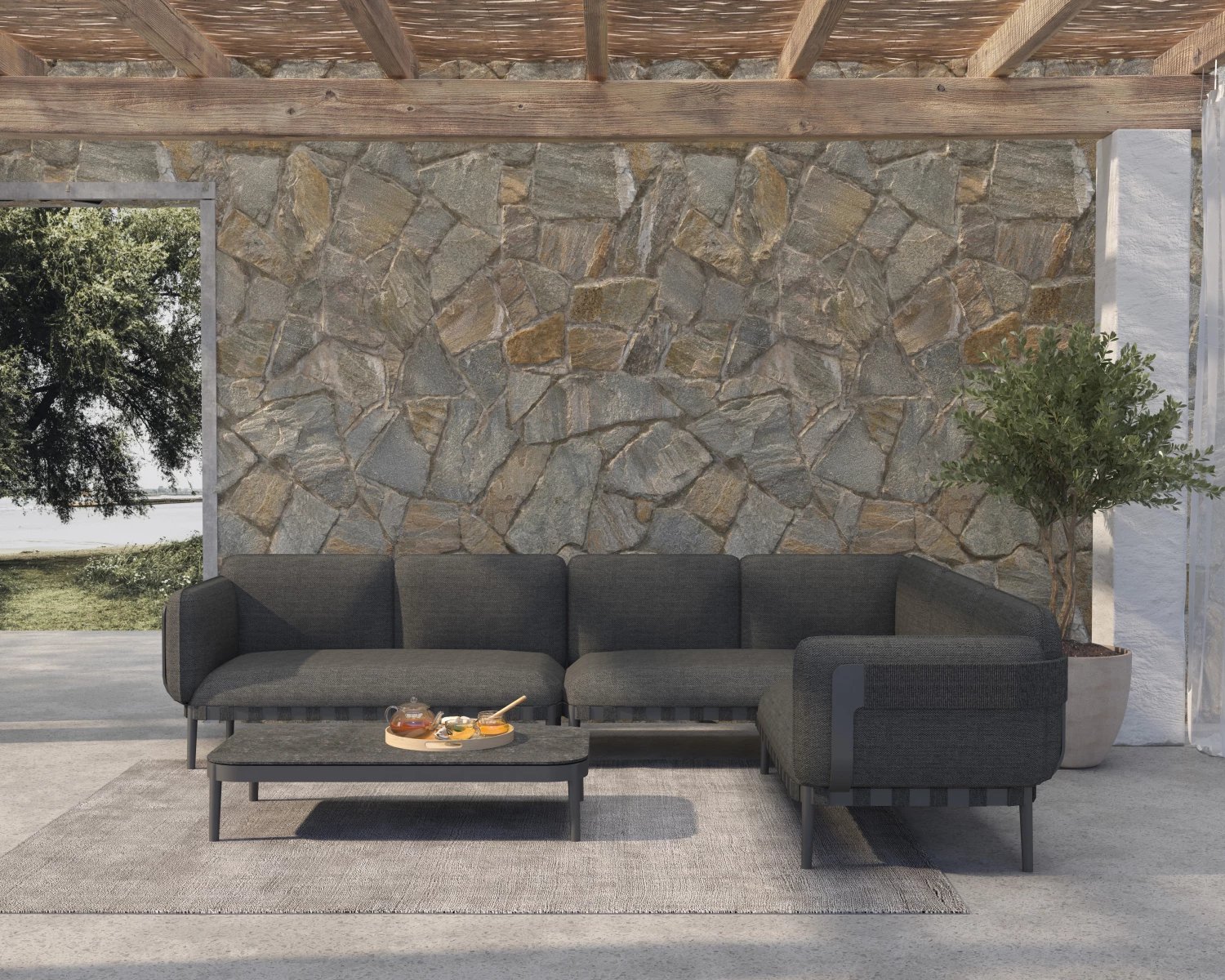 Set lounge për jashtë, 4 pjesë, PEGASUS CD6199.01, alumin, litar, material OLEFIN, ngjyrë gri e errët