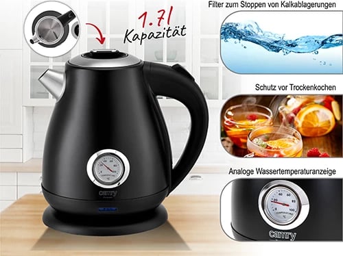 Ujëzjerëse elektrike, Camry CR 1344, 1.7L 2200W, termometër analog, trup çelik inox, e zezë