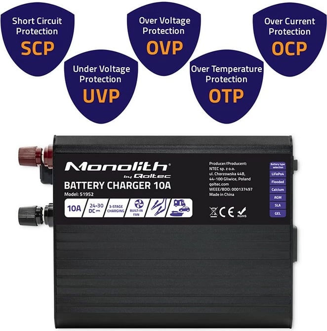 Karikues baterie Qoltec Monolith 51952, 10A, 24V, i zi