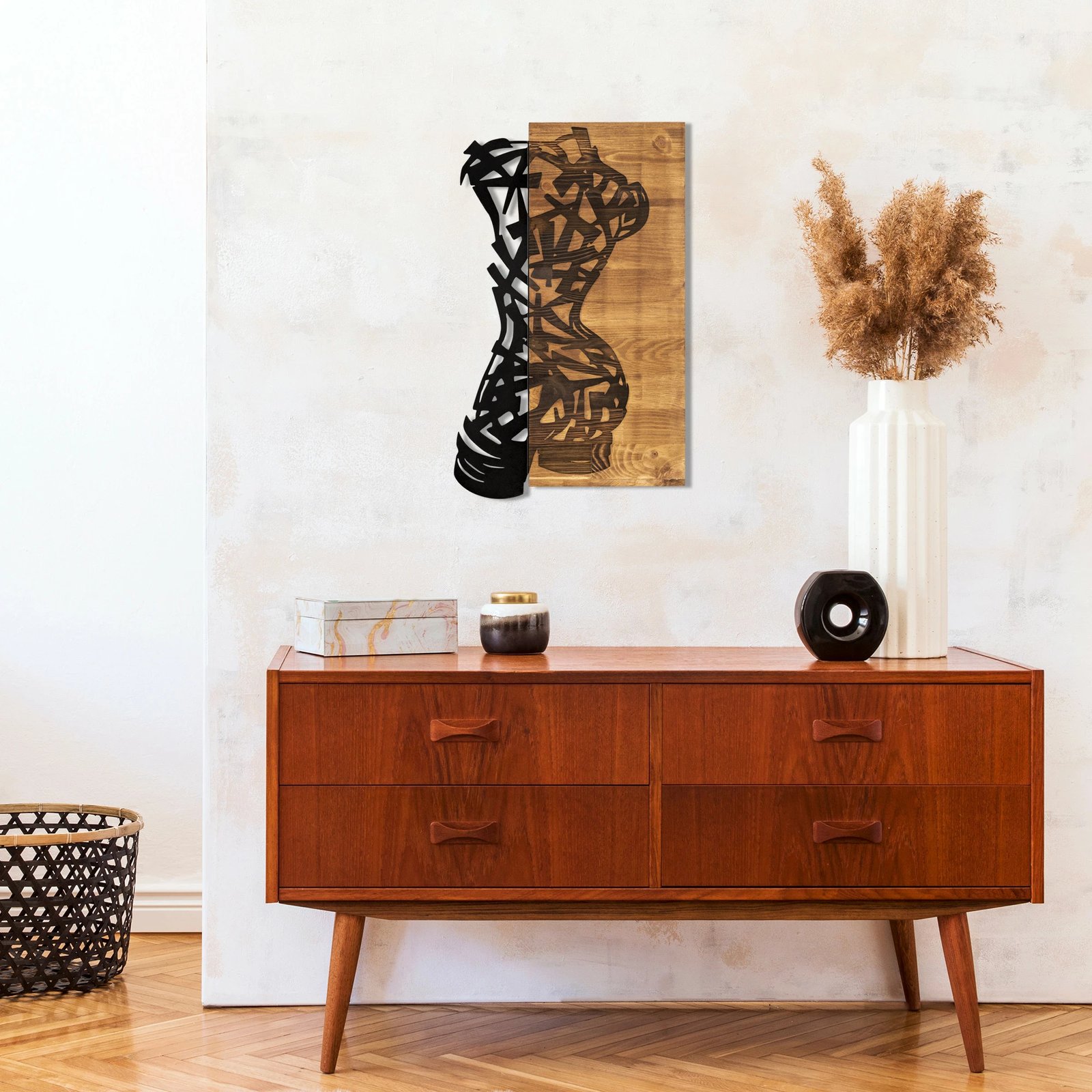 Aksesor dekorativ prej druri për mur, Wallity, Paramparca, ngjyrë e zezë dhe arre, 36x60cm