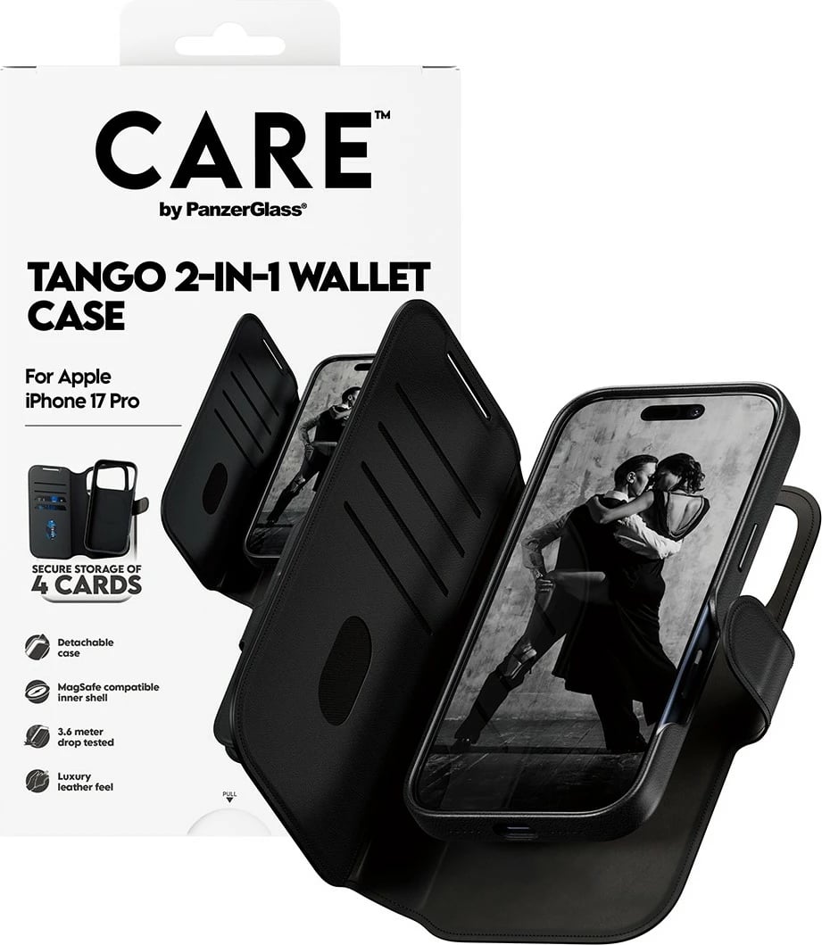 Mbështjellës PanzerGlass CARE Feature Case Tango 2in1 Wallet MagSafe për iPhone 17 Pro, i zi