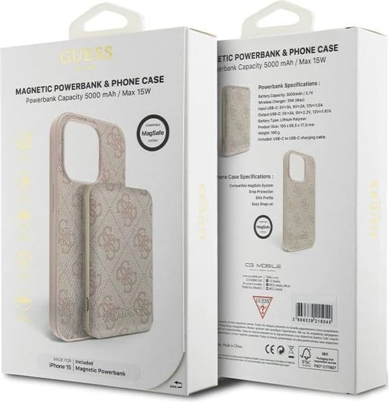 Mbështjellës Guess 4G Metal Logo me powerbank MagSafe 5000mAh për iPhone 15, Rozë, Set