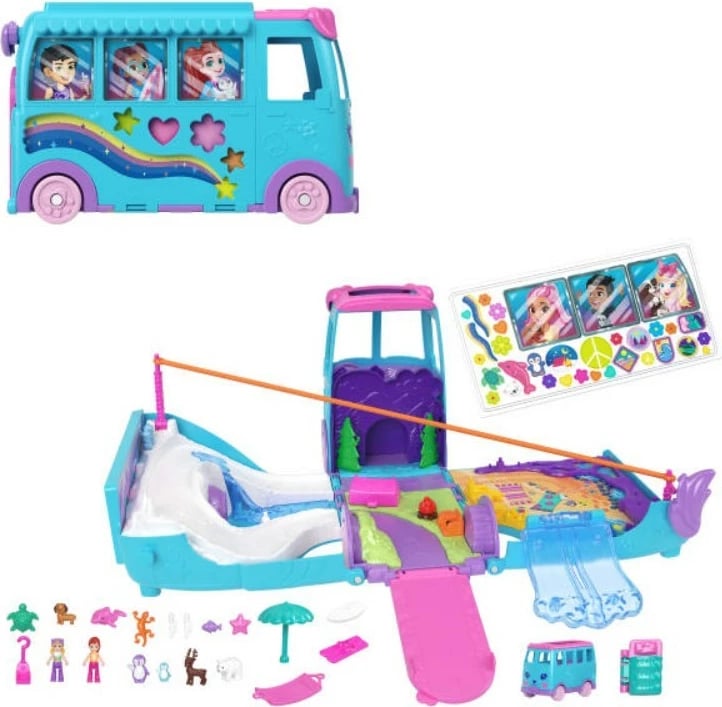 Set lodrash Polly Pocket Travel Van, Mattel JCC22, me 2 kukulla dhe 21 aksesorë, shumëngjyrësh